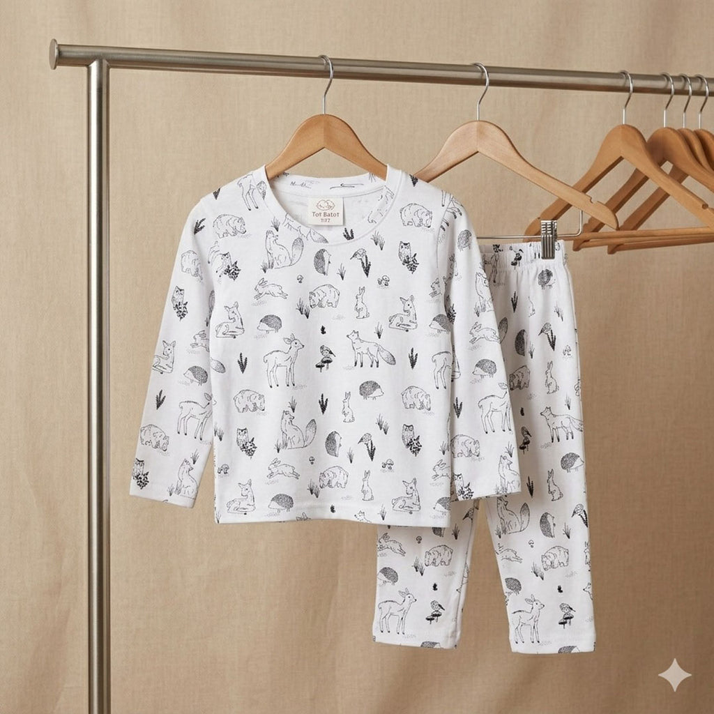 Kids' Woodland Animals Long-Sleeve Pajama Set – Crisp White