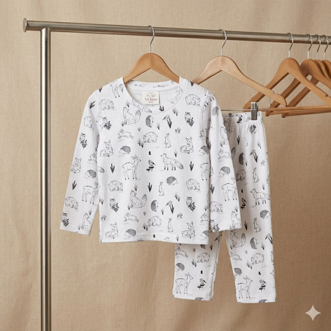 Kids' Woodland Animals Long-Sleeve Pajama Set – Crisp White