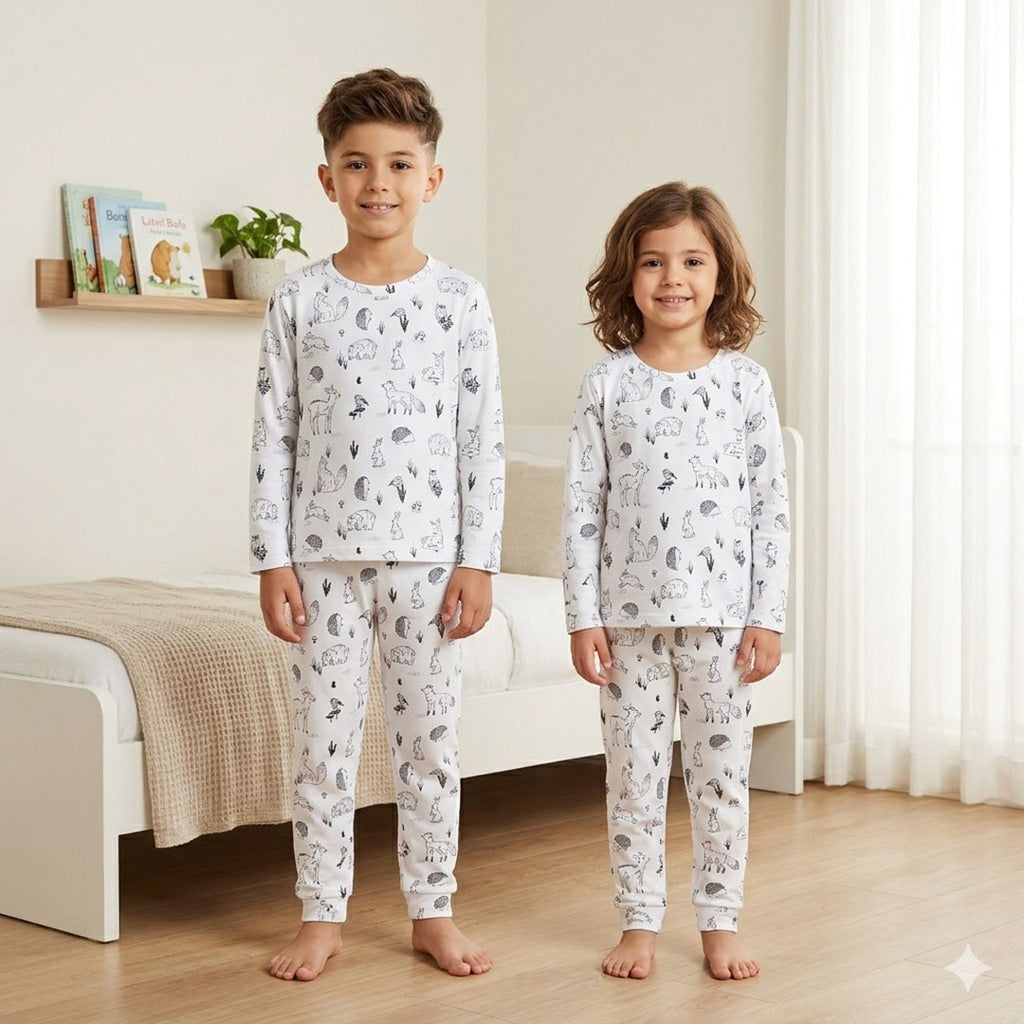 Kids' Woodland Animals Long-Sleeve Pajama Set – Crisp White