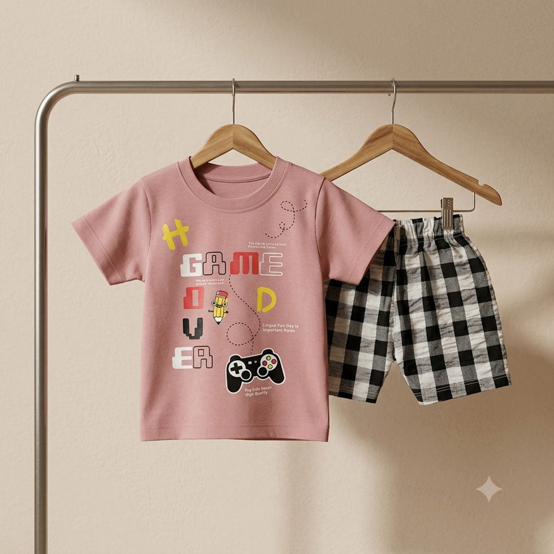 Kids' "Game Over" Graphic T-Shirt & Gingham Shorts Set – Dusty Rose & Plaid