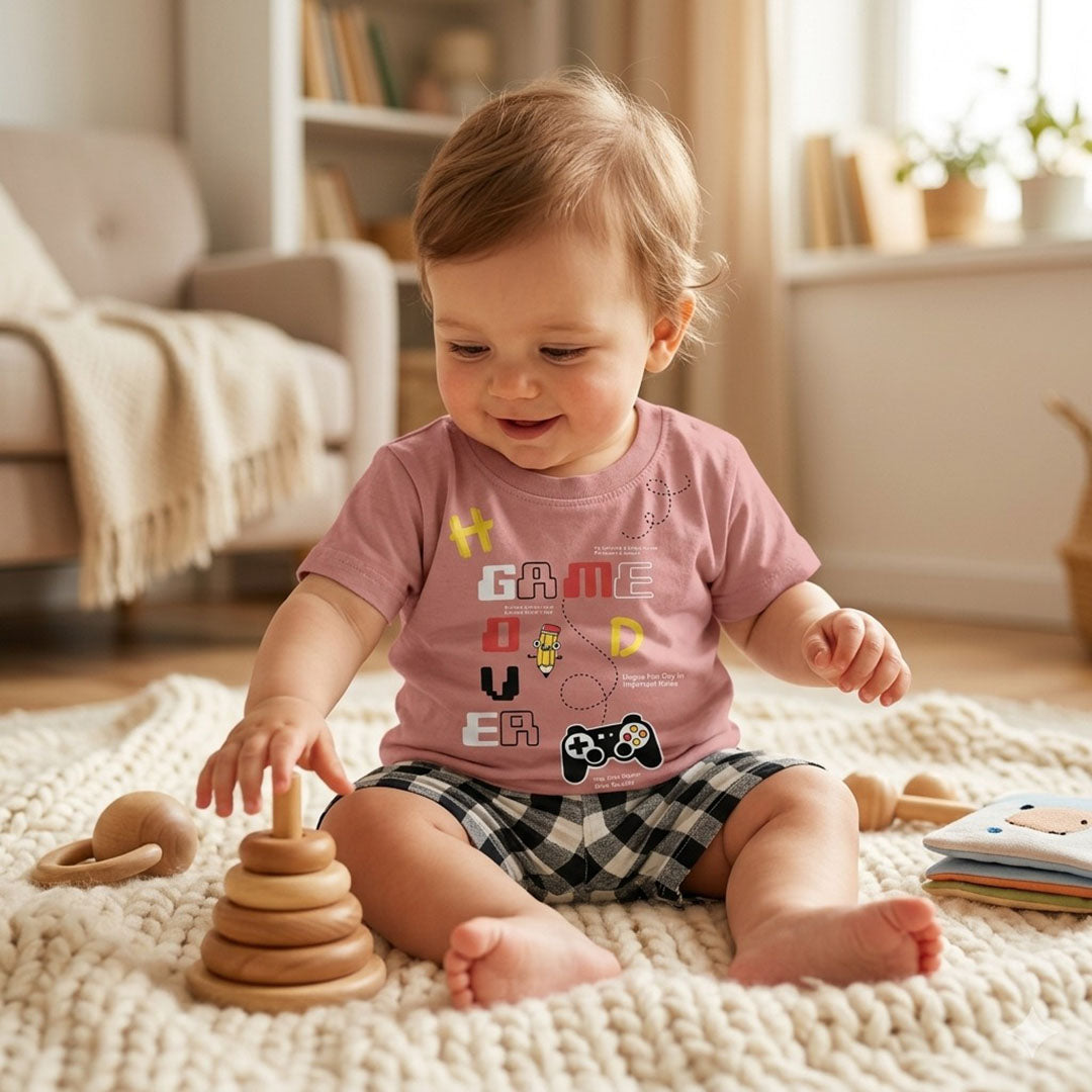 Kids' "Game Over" Graphic T-Shirt & Gingham Shorts Set – Dusty Rose & Plaid