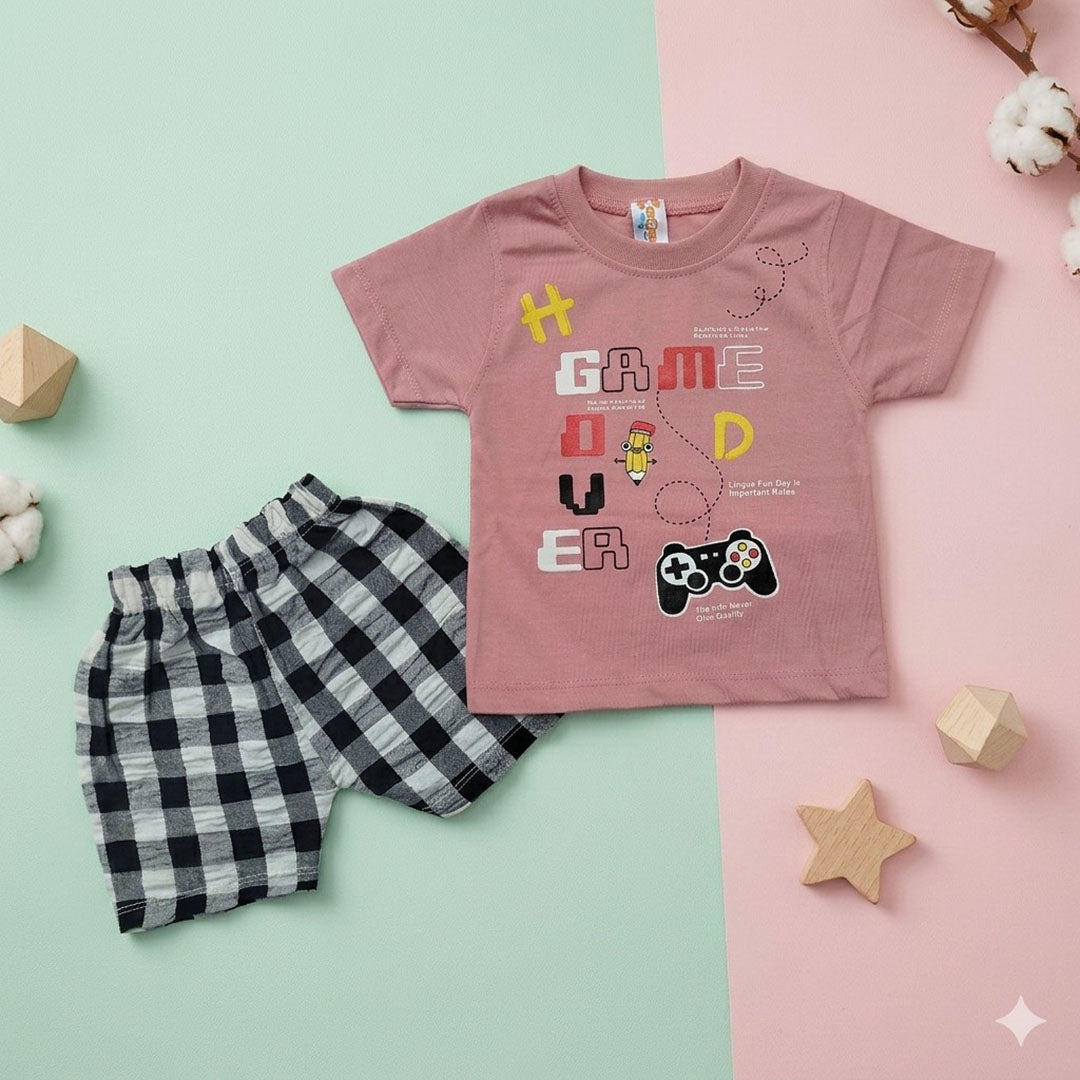 Kids' "Game Over" Graphic T-Shirt & Gingham Shorts Set – Dusty Rose & Plaid