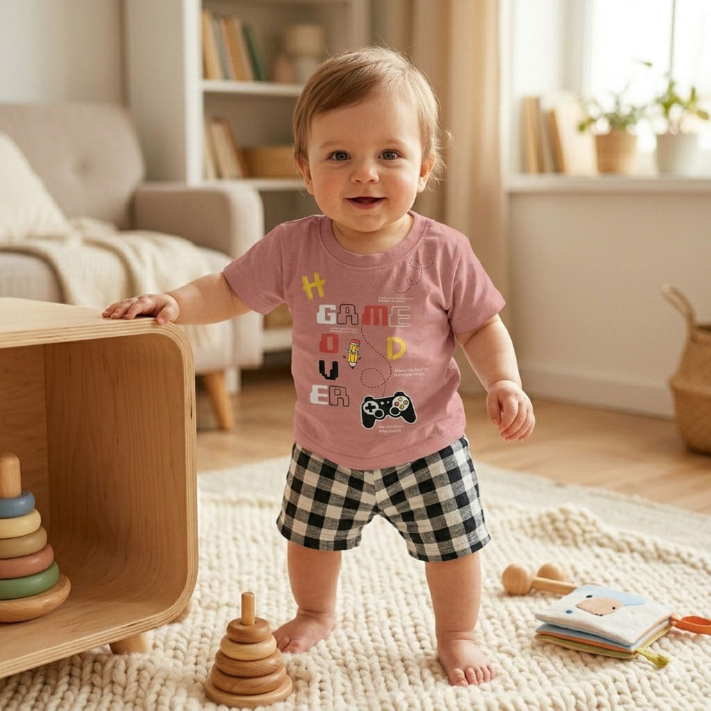 Kids' "Game Over" Graphic T-Shirt & Gingham Shorts Set – Dusty Rose & Plaid
