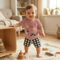 Kids' "Game Over" Graphic T-Shirt & Gingham Shorts Set – Dusty Rose & Plaid