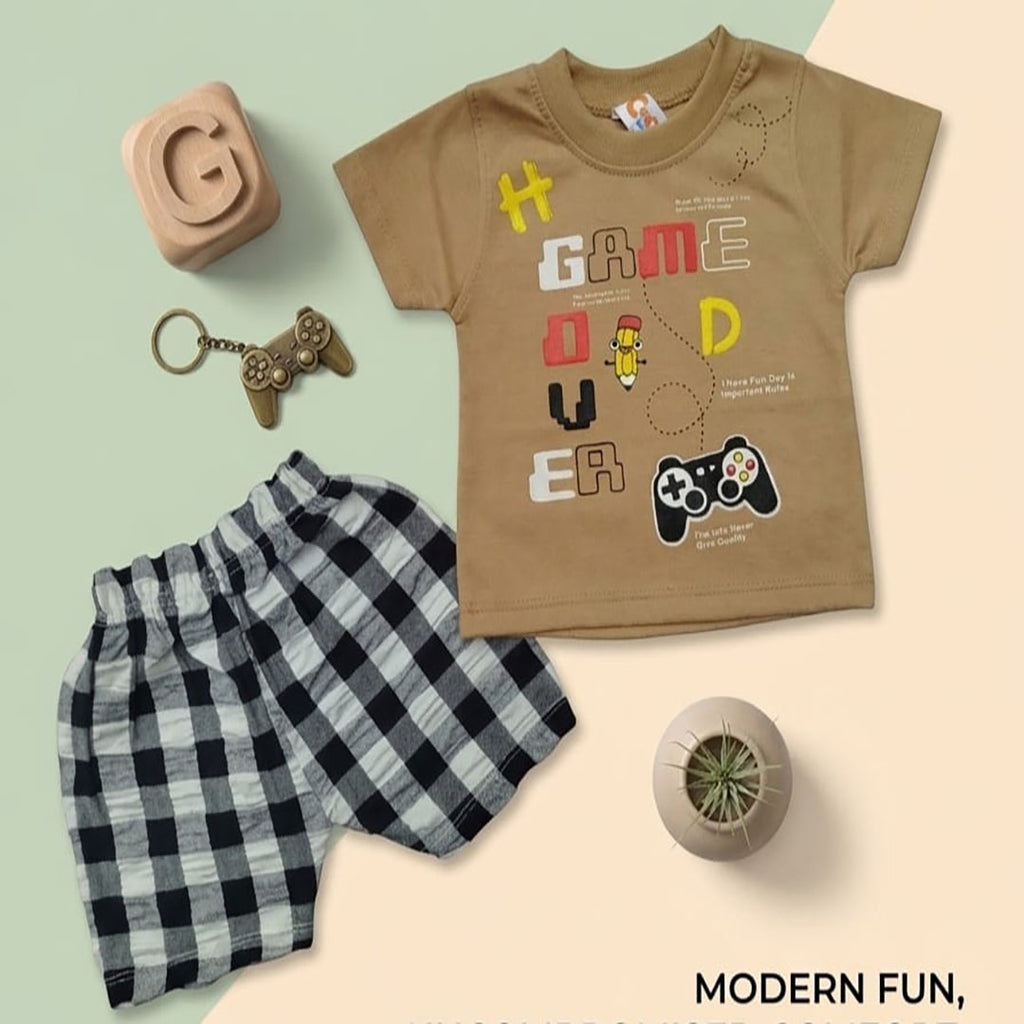 Kids' "Game Over" Graphic T-Shirt & Gingham Shorts Set – Caramel Brown
