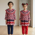 Girls' Floral Plaid Ruffle Tunic/ Frock & Trousers Set – Vibrant Red & Navy