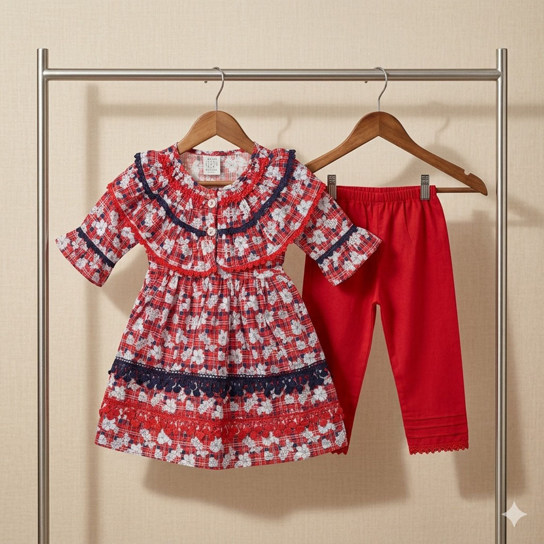 Girls' Floral Plaid Ruffle Tunic/ Frock & Trousers Set – Vibrant Red & Navy