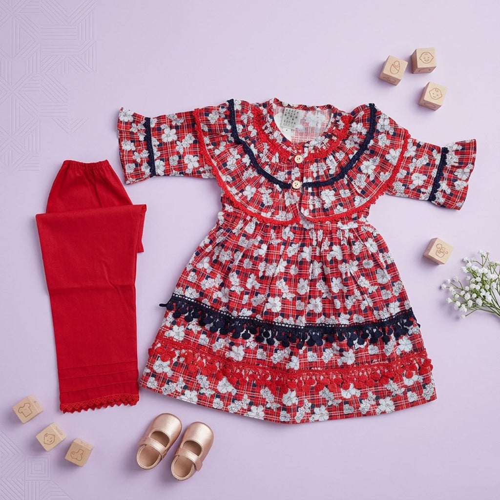 Girls' Floral Plaid Ruffle Tunic/ Frock & Trousers Set – Vibrant Red & Navy