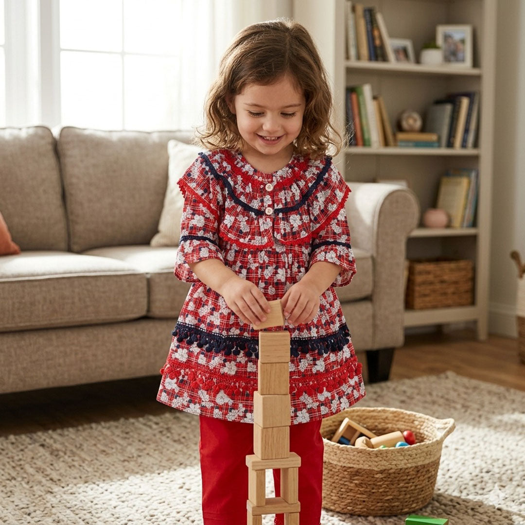 Girls' Floral Plaid Ruffle Tunic/ Frock & Trousers Set – Vibrant Red & Navy