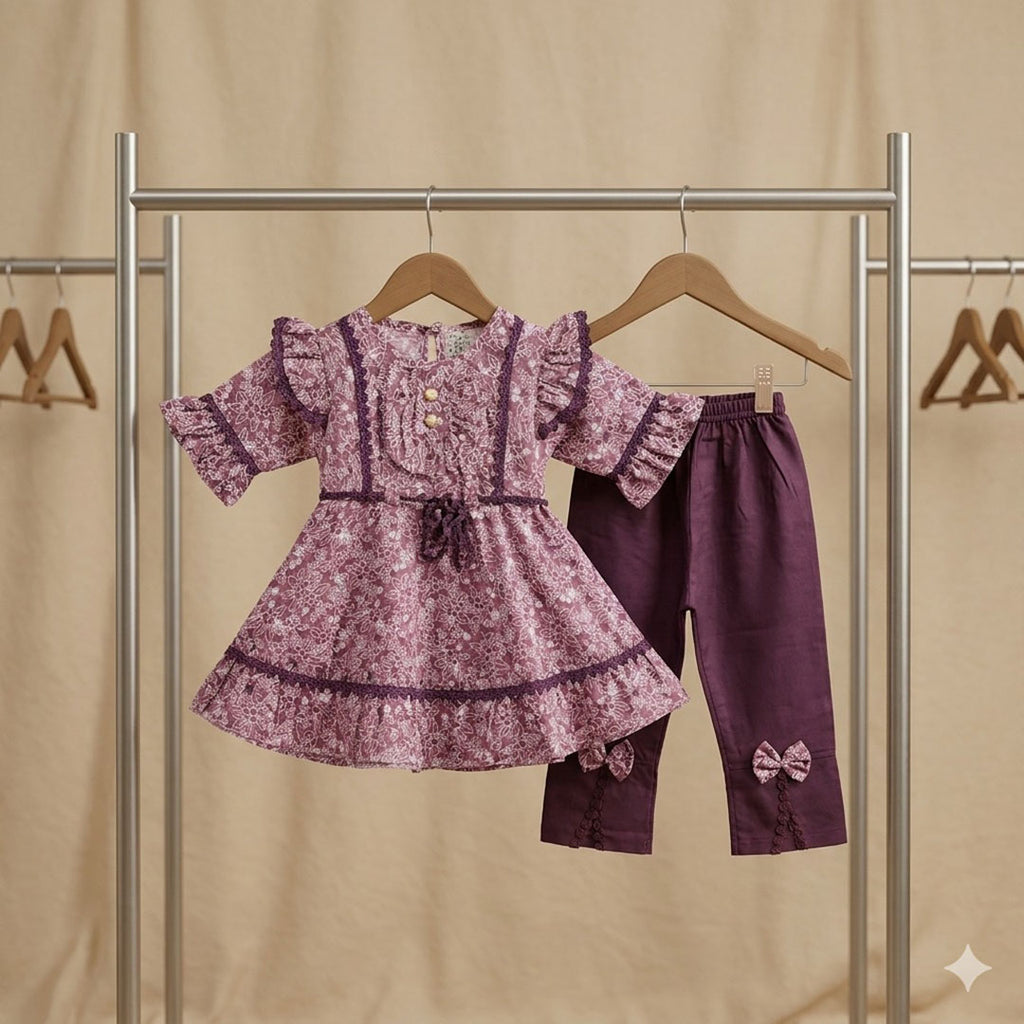 Girls' Vintage Floral Ruffle Tunic/ Frock & Trousers Set – Plum