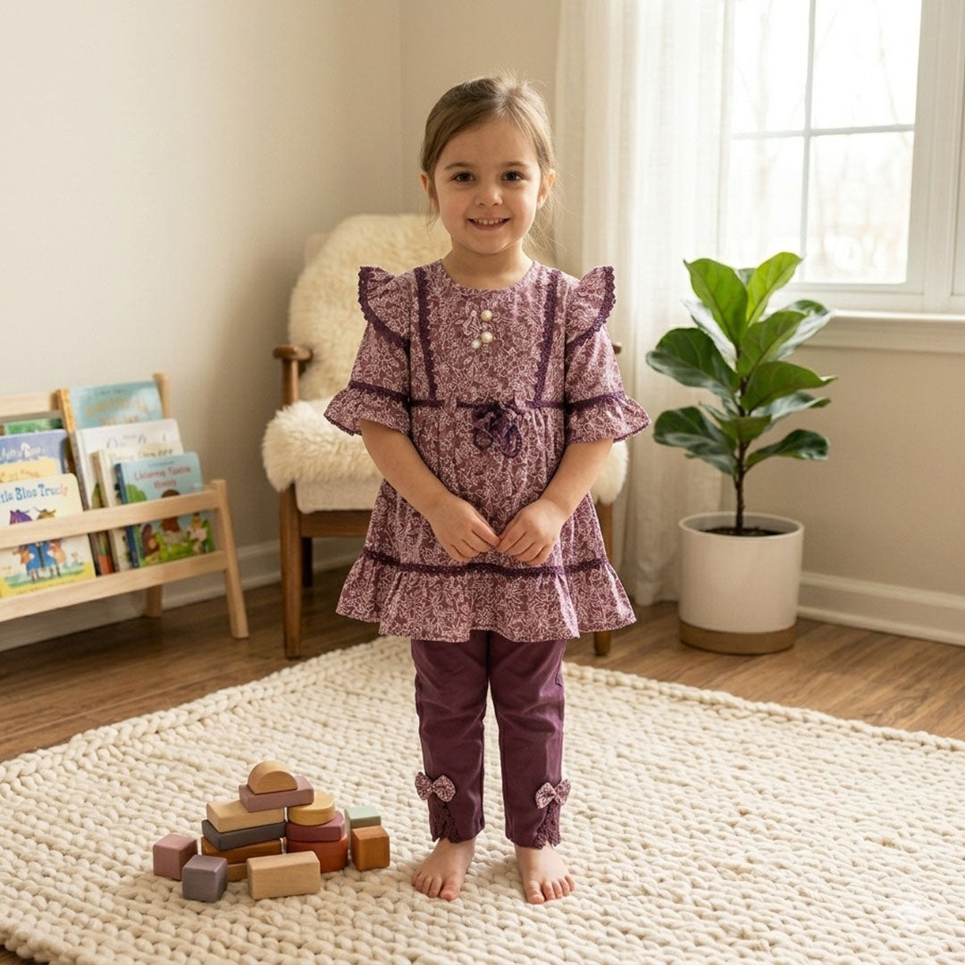 Girls' Vintage Floral Ruffle Tunic/ Frock & Trousers Set – Plum