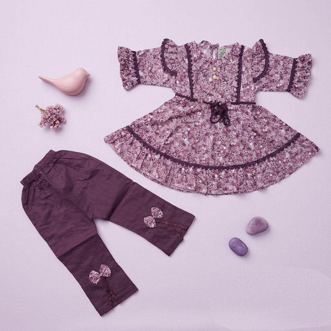Girls' Vintage Floral Ruffle Tunic/ Frock & Trousers Set – Plum