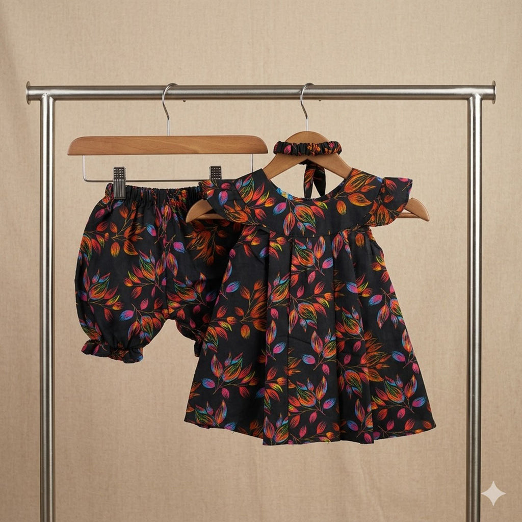 Girls' Radiant Botanical Flutter-Sleeve Tunic & Bloomers Set with Headband – Midnight Black