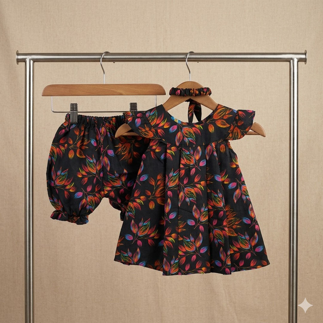 Girls' Radiant Botanical Flutter-Sleeve Tunic & Bloomers Set with Headband – Midnight Black