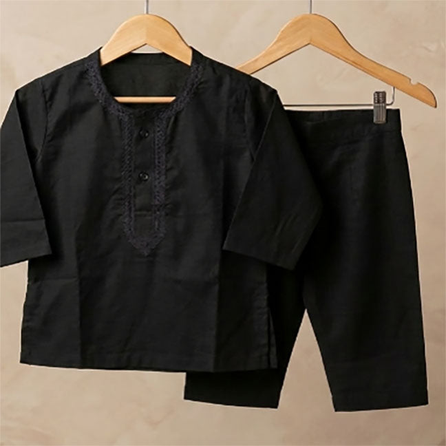 Kids' Jet Black Cotton Kurta Pyjama Set | Embroidered Ethnic Wear