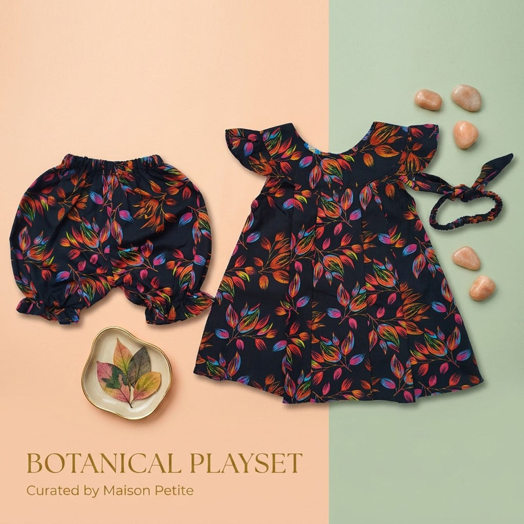 Girls' Radiant Botanical Flutter-Sleeve Tunic & Bloomers Set with Headband – Midnight Black