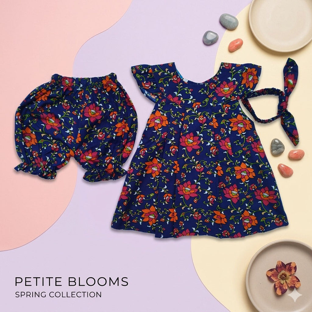 Radiant Botanical Flutter-Sleeve Tunic & Bloomers Set with Headband – Navy Blue
