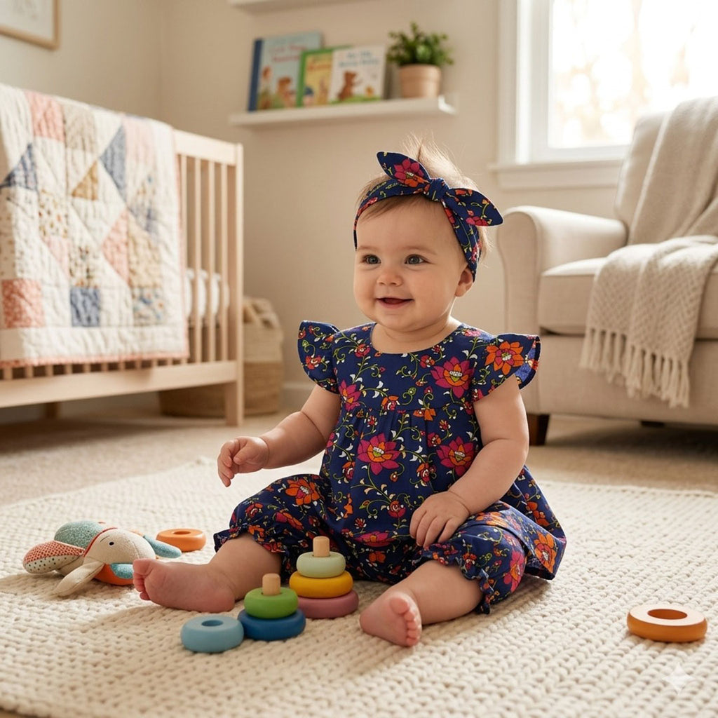 Radiant Botanical Flutter-Sleeve Tunic & Bloomers Set with Headband – Navy Blue