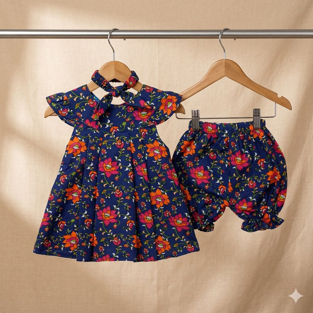 Radiant Botanical Flutter-Sleeve Tunic & Bloomers Set with Headband – Navy Blue