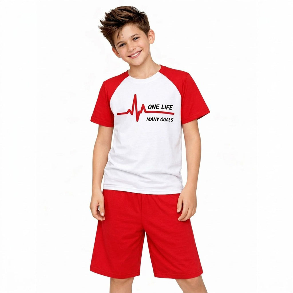 Kids' "One Life Many Goals" Raglan Tee and Shorts Set | Vibrant Red & White