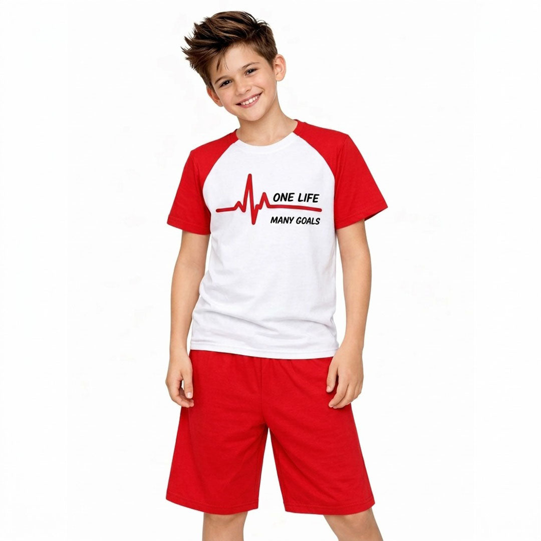Kids' "One Life Many Goals" Raglan Tee and Shorts Set | Vibrant Red & White