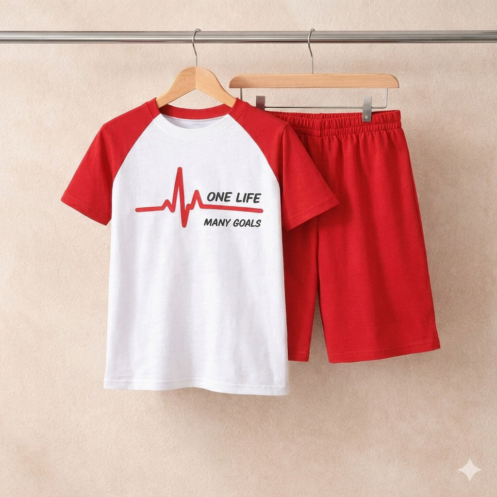 Kids' "One Life Many Goals" Raglan Tee and Shorts Set | Vibrant Red & White