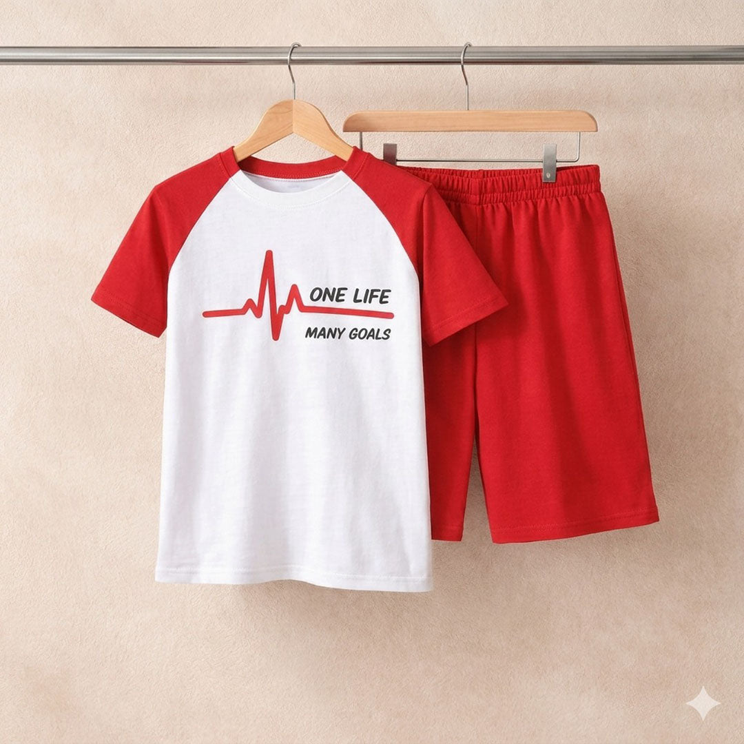 Kids' "One Life Many Goals" Raglan Tee and Shorts Set | Vibrant Red & White