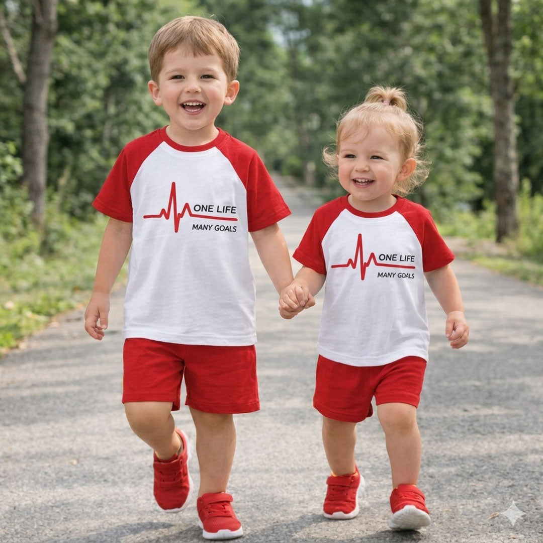 Kids' "One Life Many Goals" Raglan Tee and Shorts Set | Vibrant Red & White