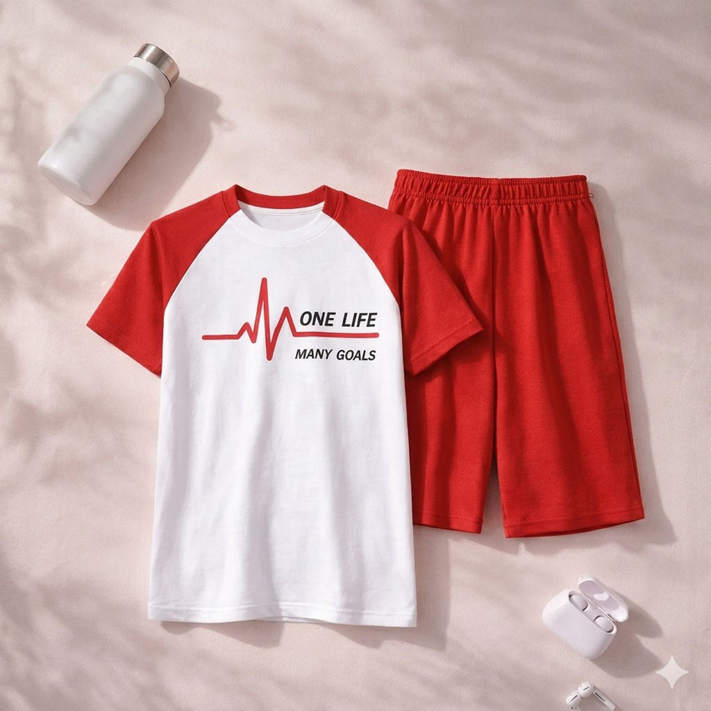 Kids' "One Life Many Goals" Raglan Tee and Shorts Set | Vibrant Red & White