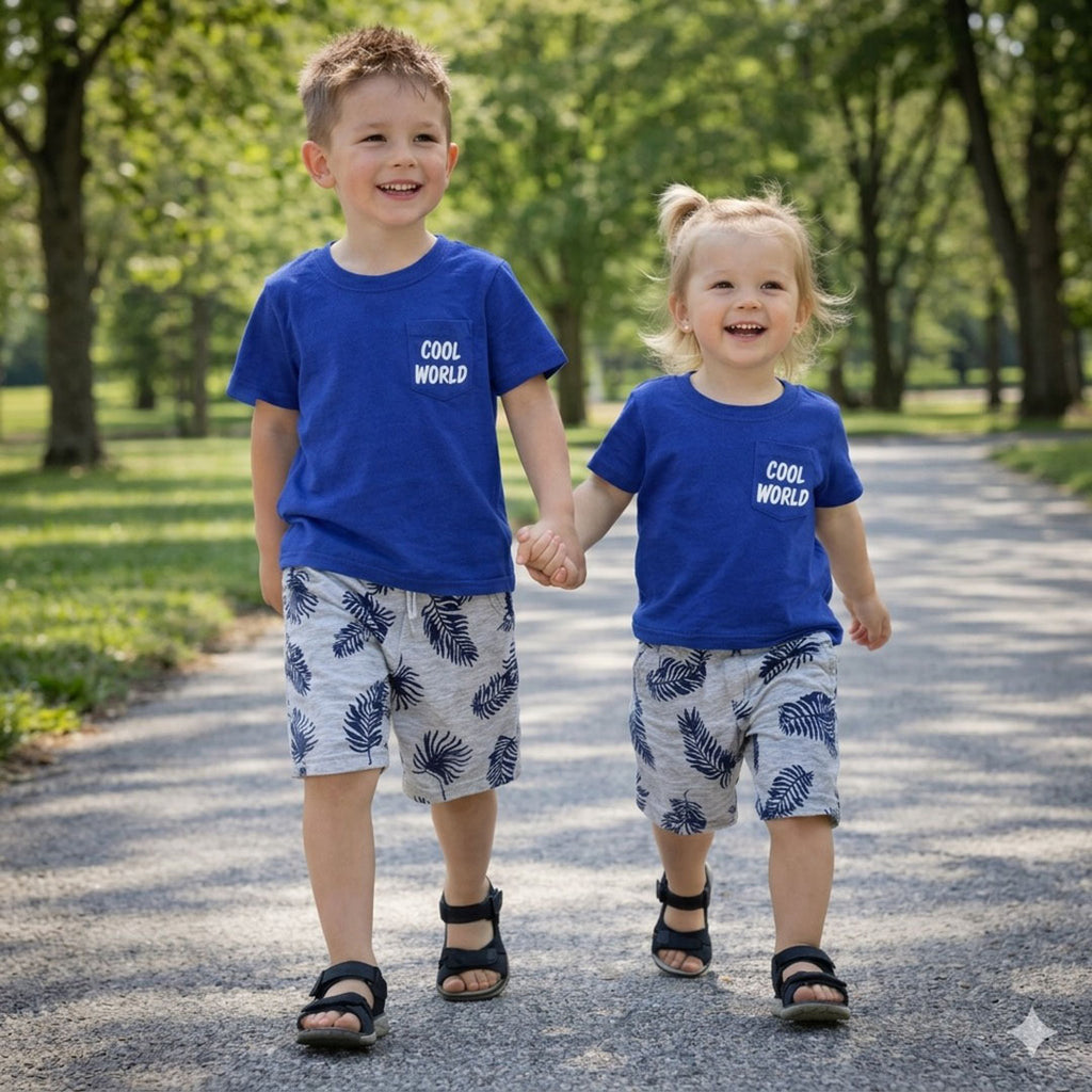 Kids' "Cool World" Pocket Tee and Tropical Palm Shorts Set | Bright Blue & Grey