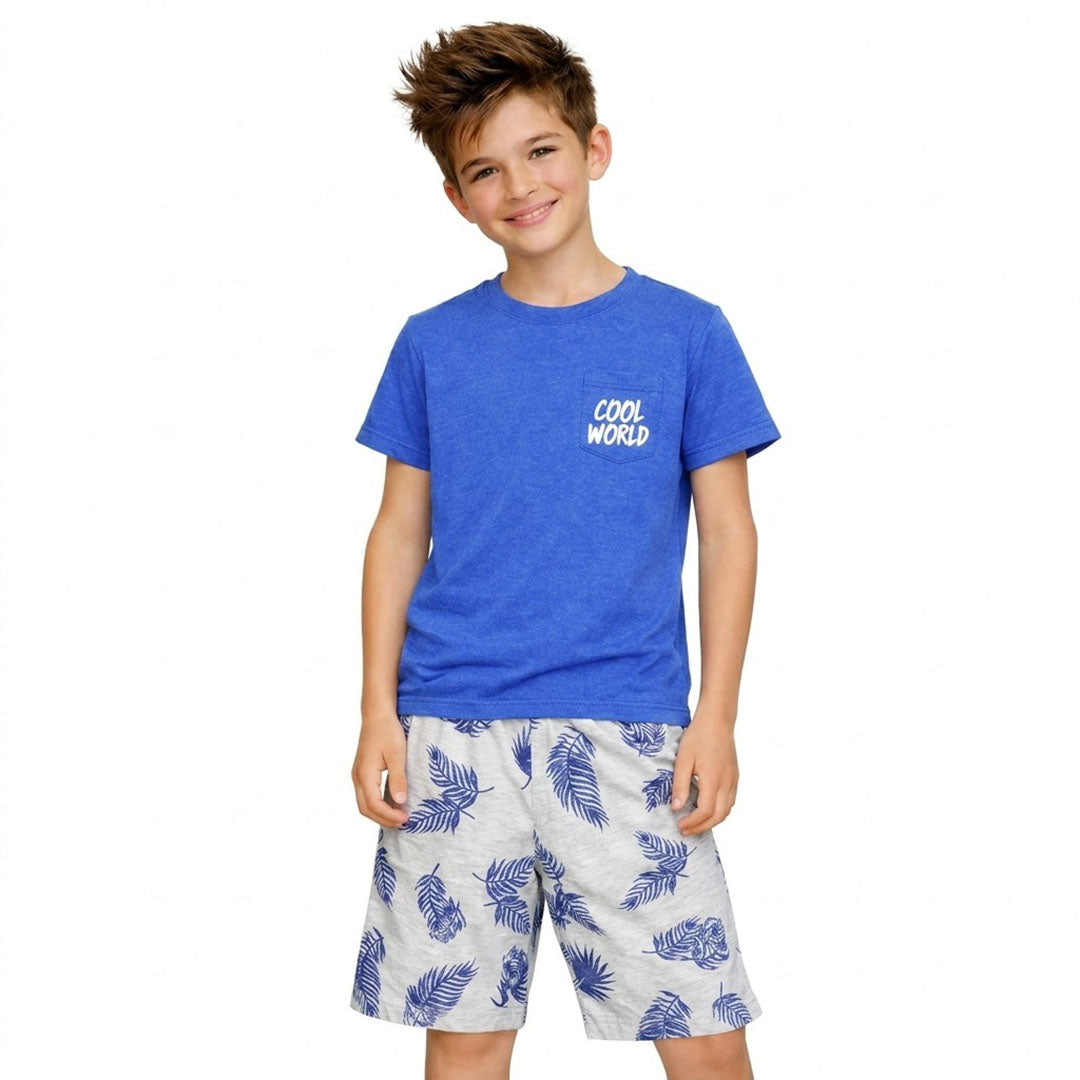 Kids' "Cool World" Pocket Tee and Tropical Palm Shorts Set | Bright Blue & Grey