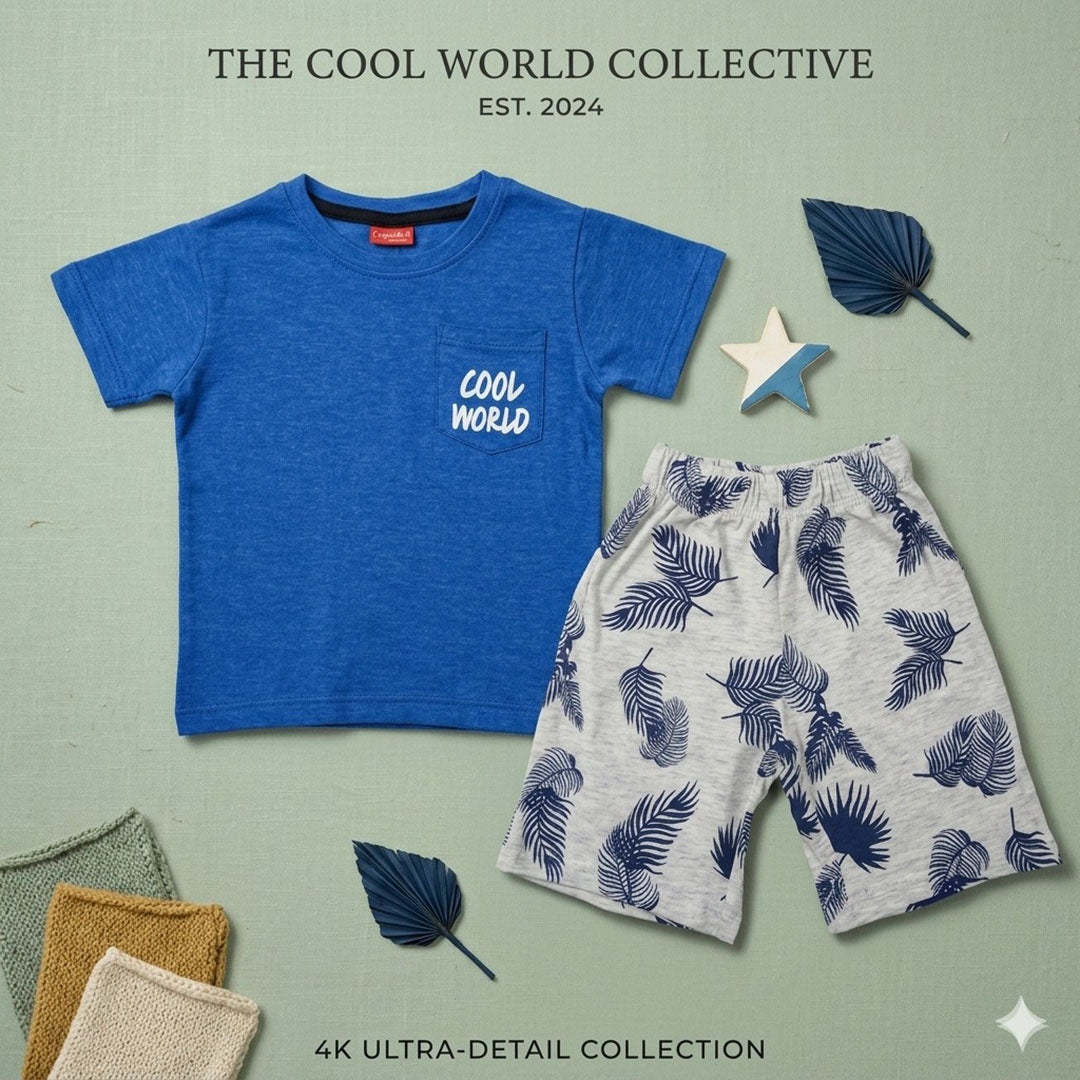 Kids' "Cool World" Pocket Tee and Tropical Palm Shorts Set | Bright Blue & Grey