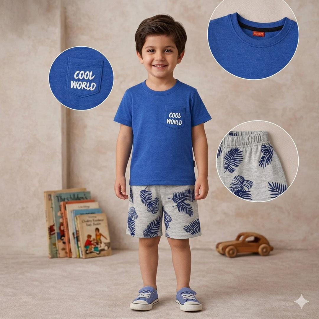 Kids' "Cool World" Pocket Tee and Tropical Palm Shorts Set | Bright Blue & Grey